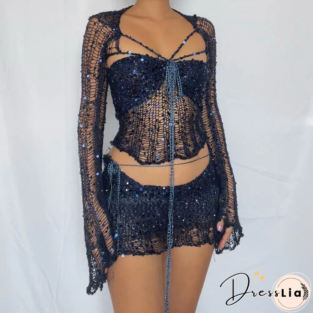 Sexy Sequin Knitted Sweater Three Piece Skirt Sets
