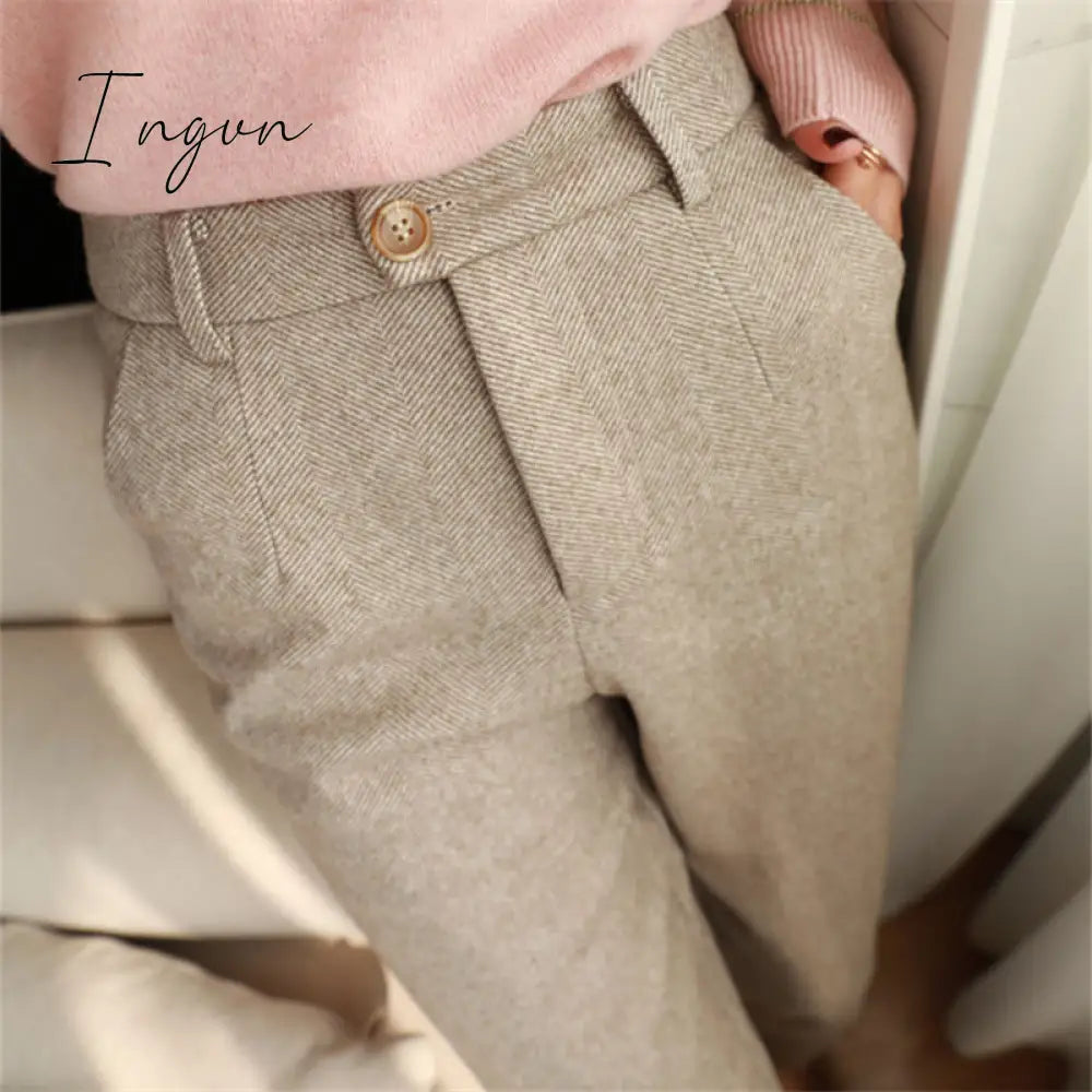 Ingvn - Herringbone Woolen Pants Women’s Harem Pencil Autumn Winter High Waisted Casual Suit