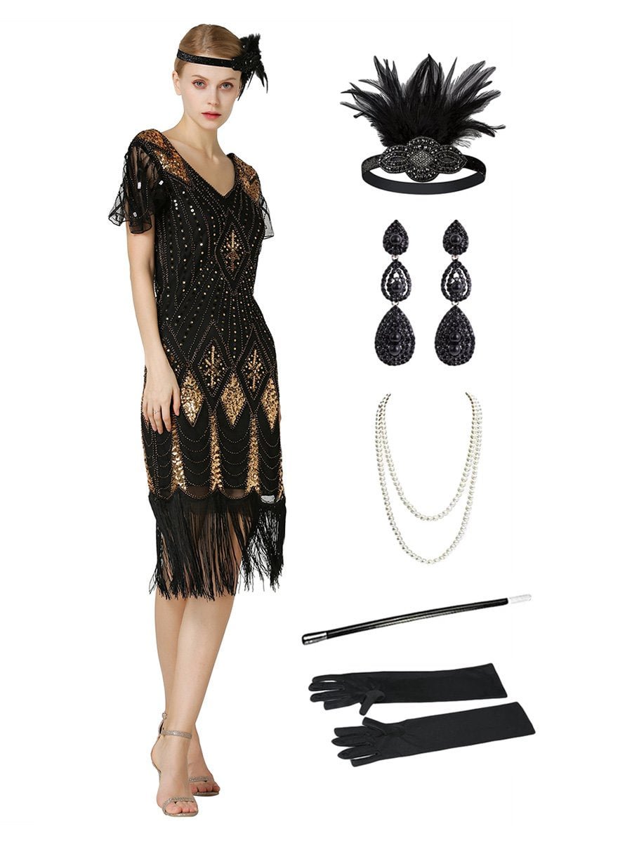 2Pcs Top Seller Flapper Vintage Dress & Accessories Set
