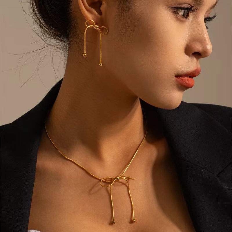 Lady French Style Bow Knot 304 Stainless Steel 18K Gold Plated Earrings Necklace Jewelry Set