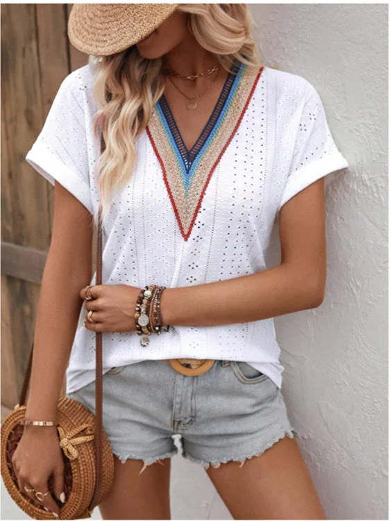 Women's Polka Dot Stitching Hollow V-Neck Short Sleeve Top