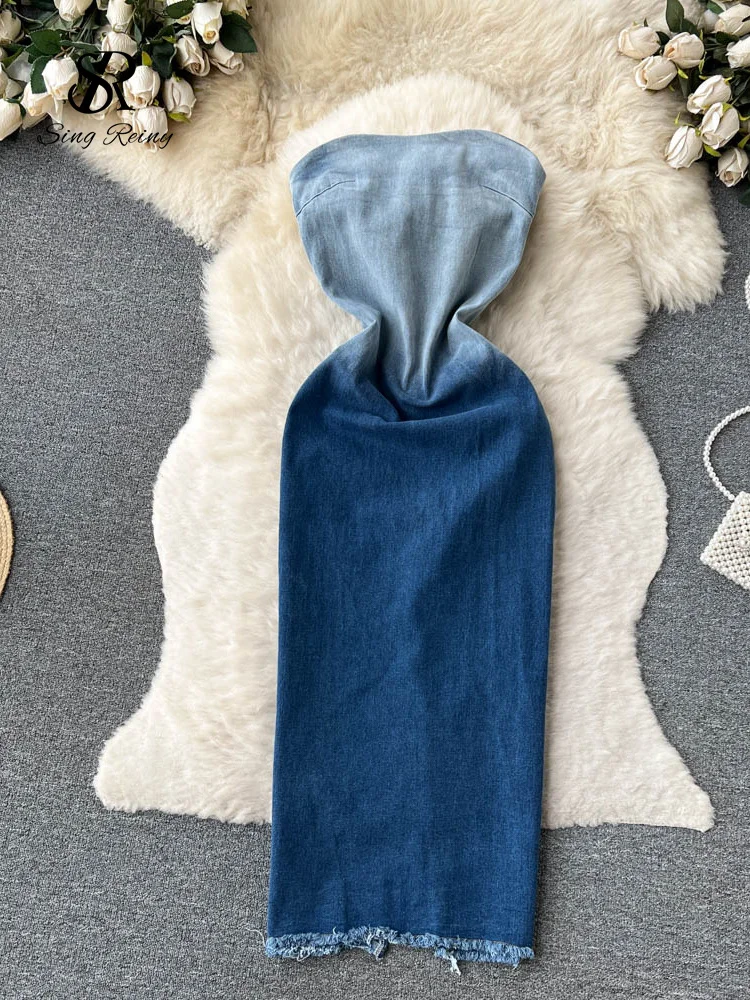 Huibahe Summer Gradient Strapless Sexy Denim Dress Women Sleeveless Bodycon Jeans Sundress Fashion Split Backless Long Dress