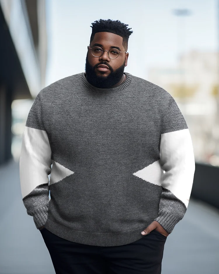 Men's Plus Size Casual Triangle Color Block Warm Long Sleeve Crew Neck Sweater