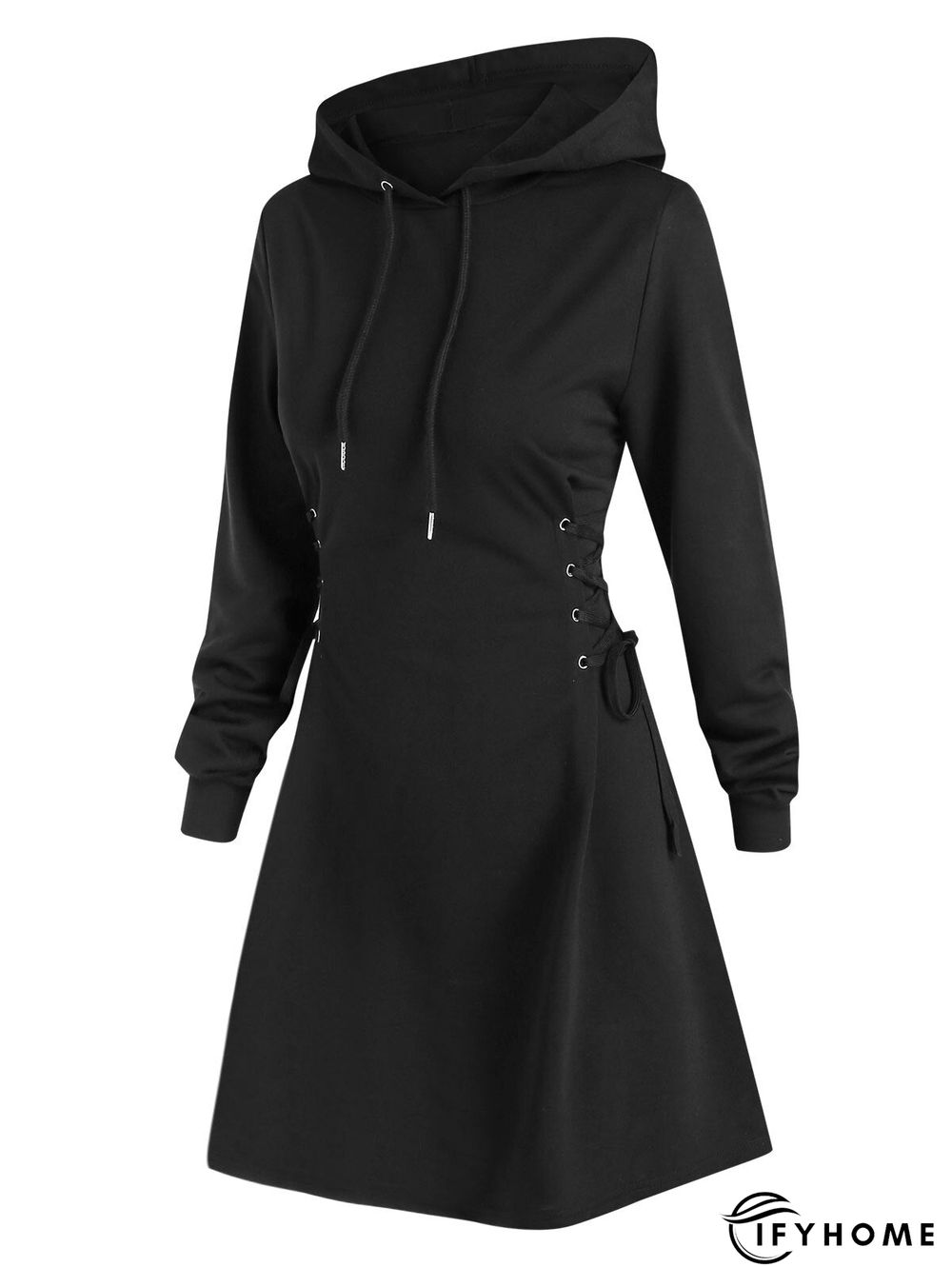 Women Long Sleeve Autumn Dress Drawstring Lace Up Hoodie Gothic Mini Dress | IFYHOME