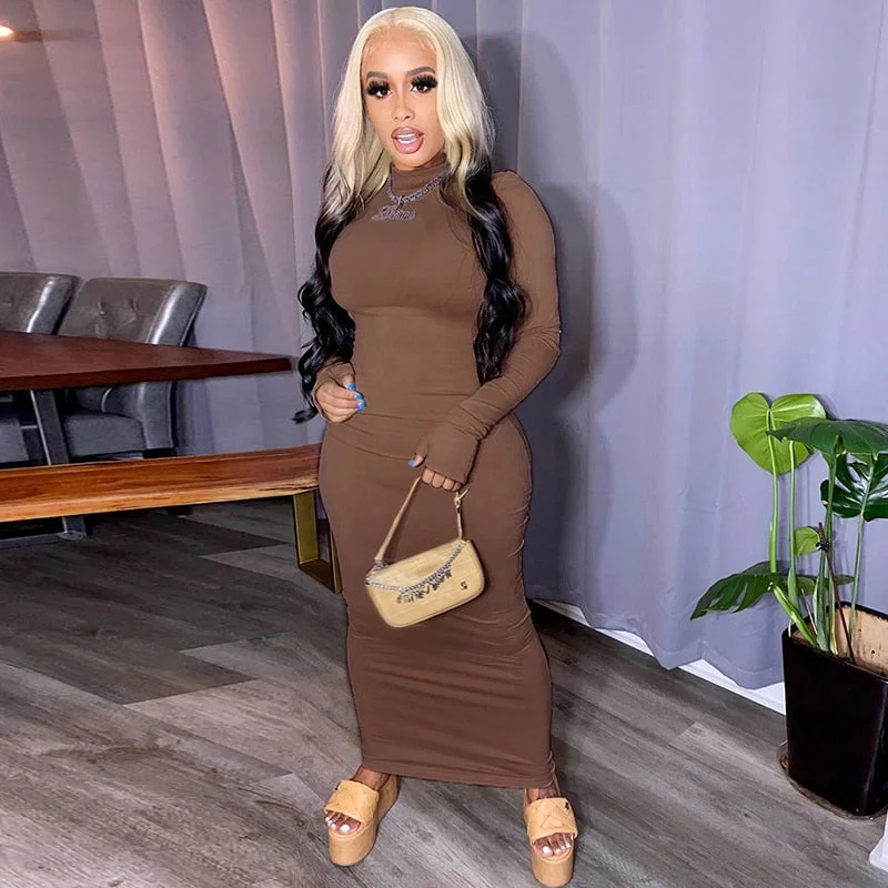 Dulzura Solid Women Midi Dress Long Sleeve Gloves Hollow Out Backless Bodycon Sexy Party Elegant Streetwear Autumn Winter 2020