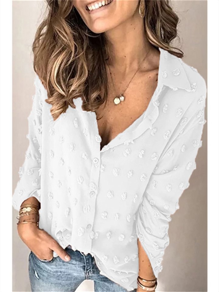 Casual Women's Tops Solid Color Lapel Jacquard Polka Dot Long-sleeved Single-breasted Shirt Female -vasmok