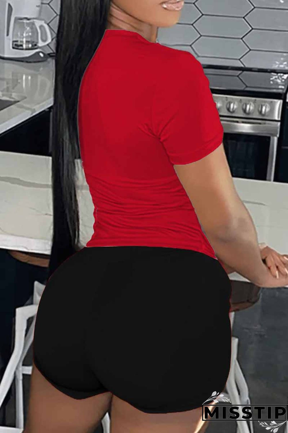 Black Red Casual Print Patchwork O Neck Short Sleeve Two Pieces