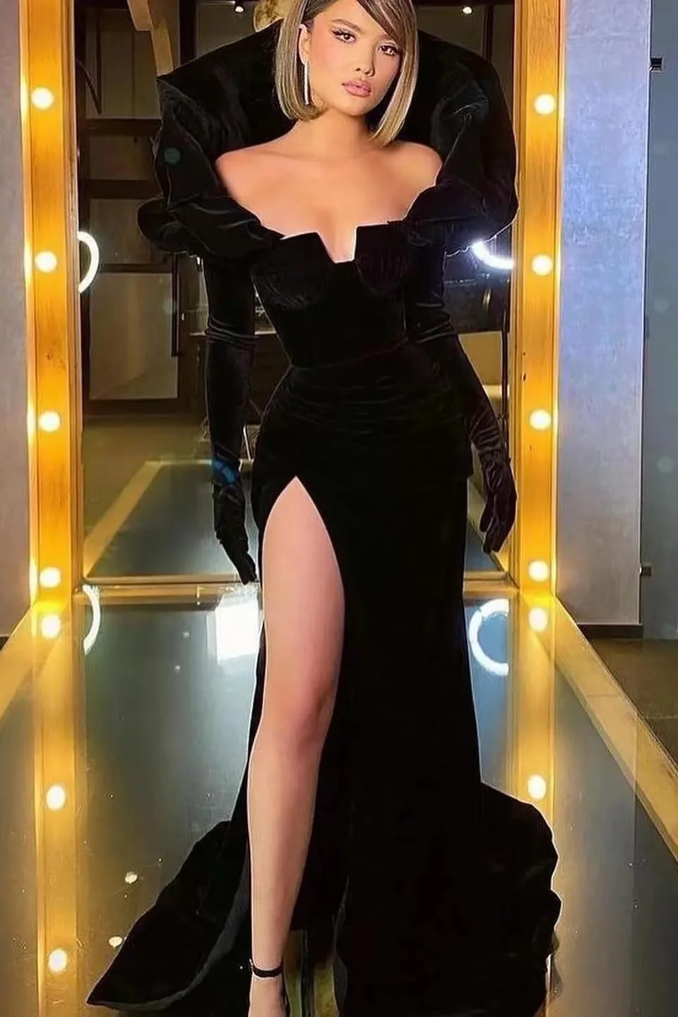 Daisda Black Long Sleeves Mermaid Prom Dress With Split