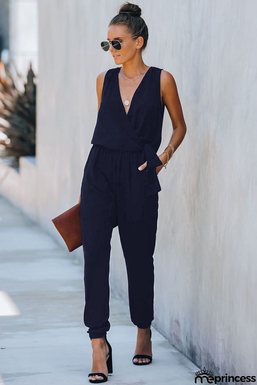 Deep V-neck Sleeveless Solid Jumpsuit