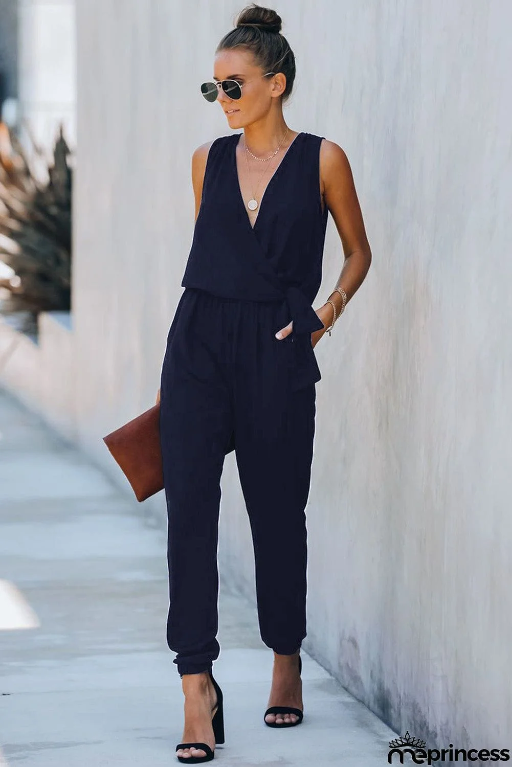 Deep V-neck Sleeveless Solid Jumpsuit