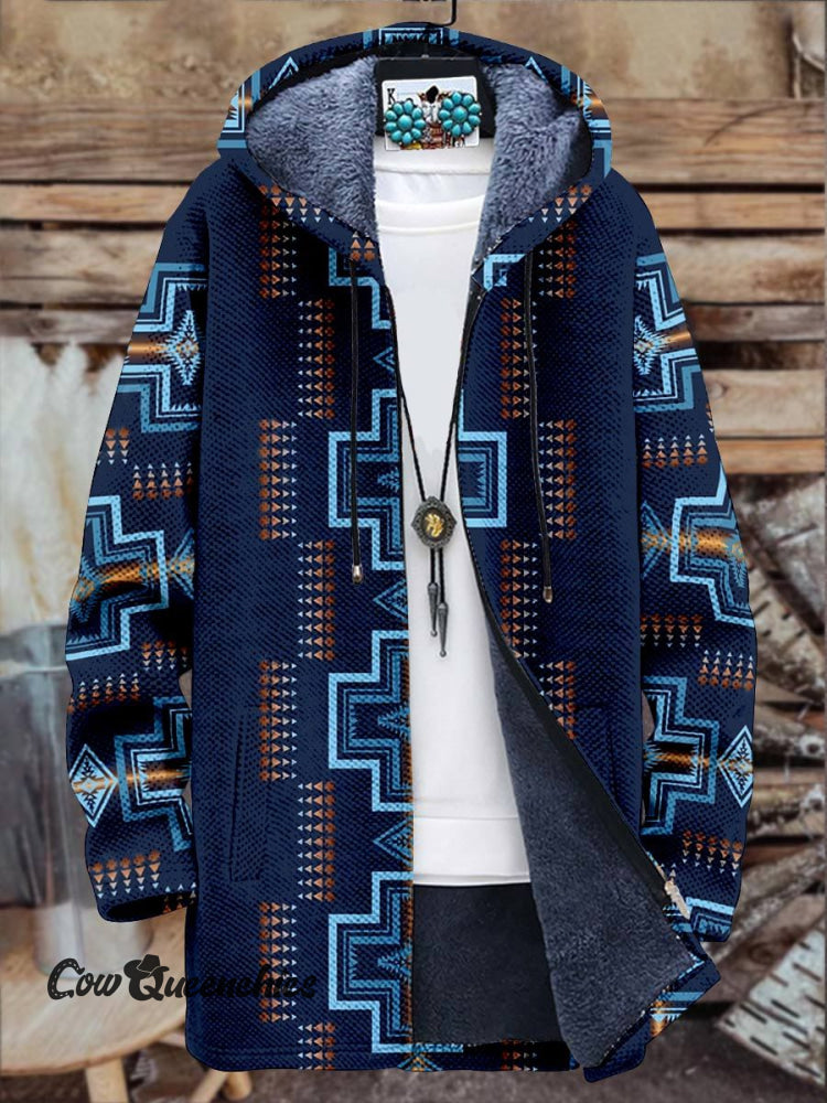 Blue Native American Print Unisex Plush Thick Long-Sleeved Sweater Cardigan Coat Multicolor / S