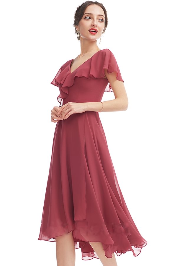 V-Neck Short Sleeve Ruffles Bridesmaid Dress SYYS058