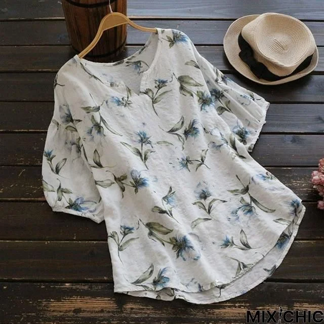 Plus Size Women O Neck Vintage Shirt Floral Printed Baggy Loose Blouse