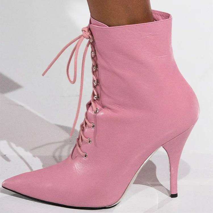 Baby Pink Lace Up Boots Pointy Toe Stiletto Heel Ankle Boots |FSJ Shoes
