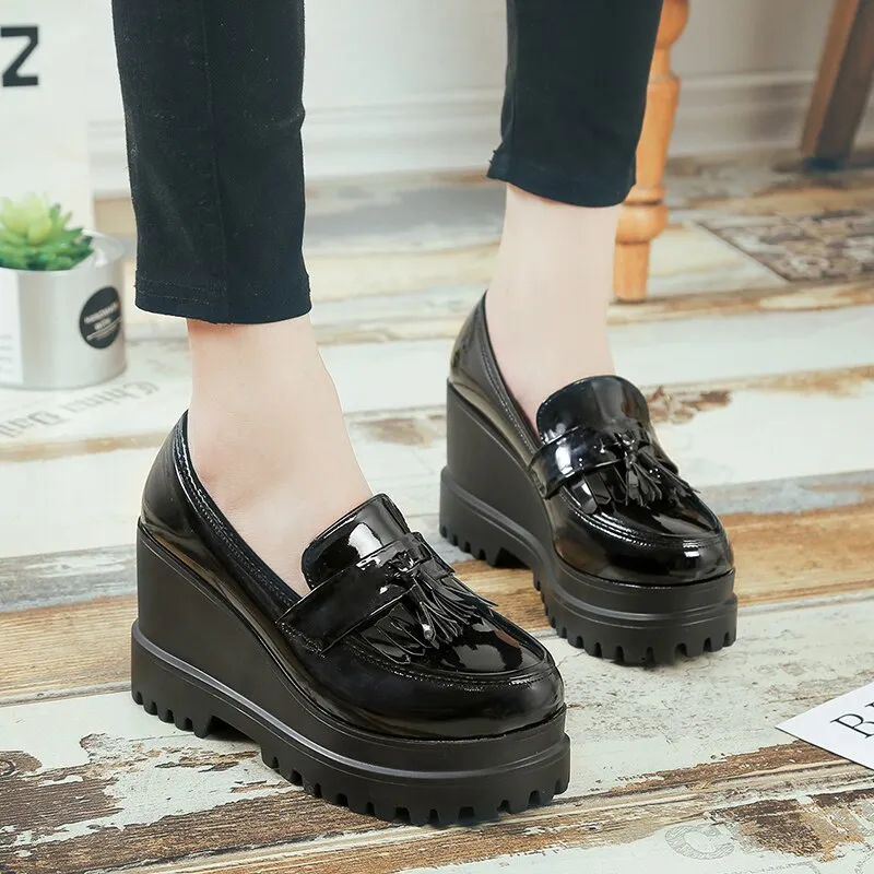 Lucyever 2020 Spring Autumn High Platform Wedges Pumps Women Tassel High Heels Casual Shoes Woman PU Leather Round Toe Shoes
