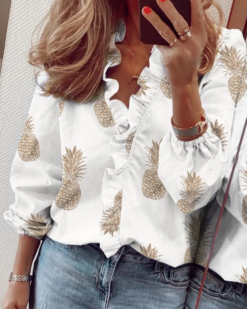 Summer New Women Shirt Ruffle Patchwork Fashion Print Plus Size Tops Casual Loose Streetwear Elegant Office Work Wear Blouses