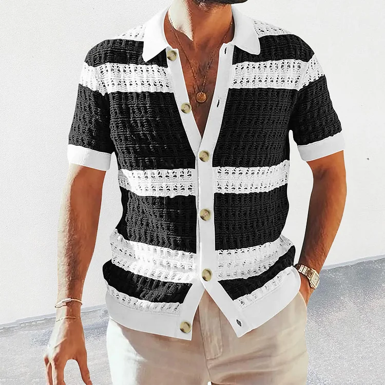 Men's Lapel Collar Single Breasted Striped Knitted Short Sleeve Shirt