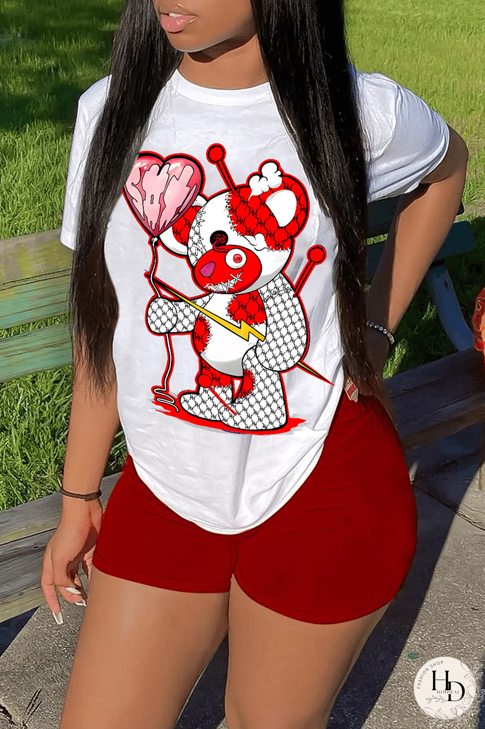 White Red Casual Print Patchwork O Neck Short Sleeve Two Pieces