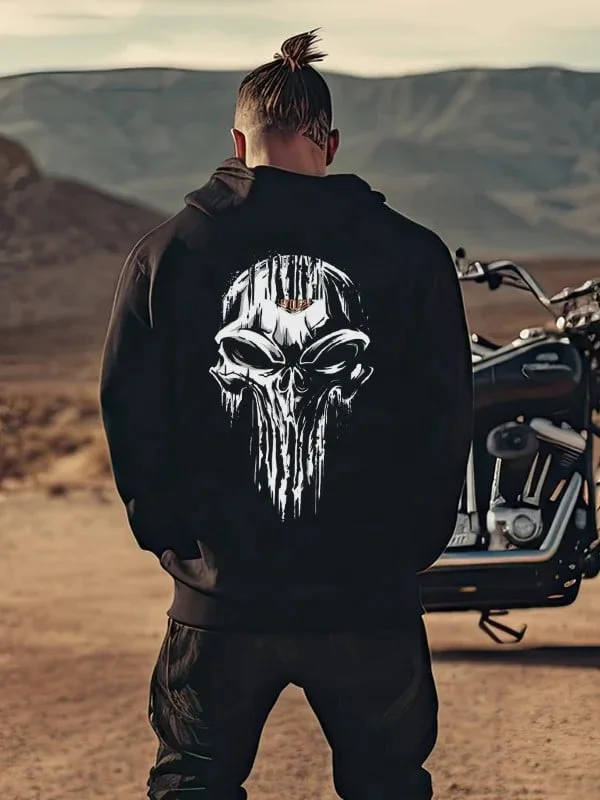 Men's Retro Motorcycle Skull Casual Print Hoodie