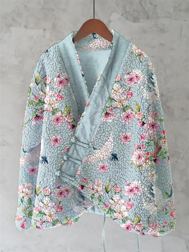 Vintage Japanese Crane Floral Art Wool Kimono Cardigan