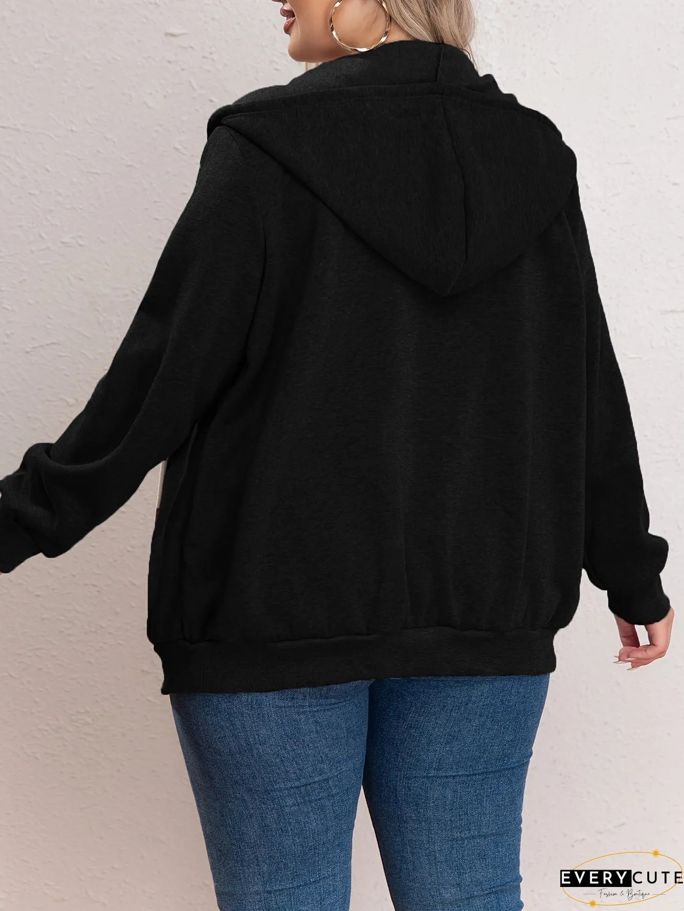 Plus Size Casual Sweatshirt, Women's Plus Solid Zipper Front Long Sleeve Drawstring Hooded Sweatshirt