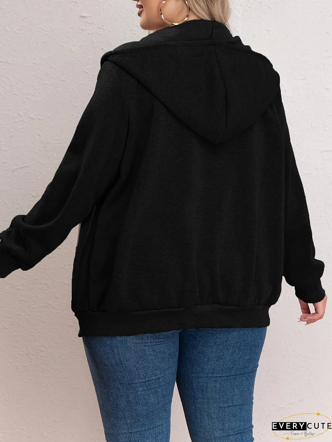 Plus Size Casual Sweatshirt, Women's Plus Solid Zipper Front Long Sleeve Drawstring Hooded Sweatshirt