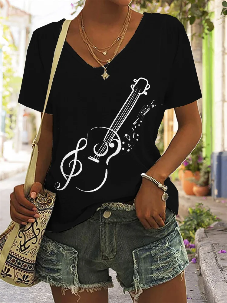Ukulele Treble Clef Art V Neck T Shirt
