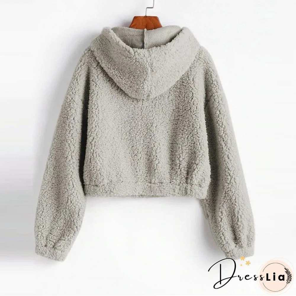 Women Sweatshirt Solid Zipper Long Sleeve Fluffy Plush Sweatershirt Hoodie Tops Women's Hoodie