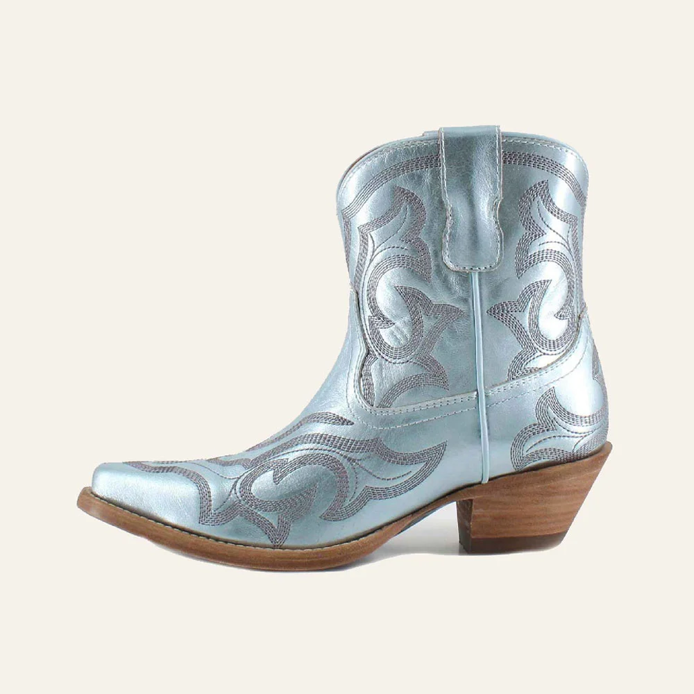 Light Blue Snip Toe Embroidered Chunky Heel Short Cowgirl Boots