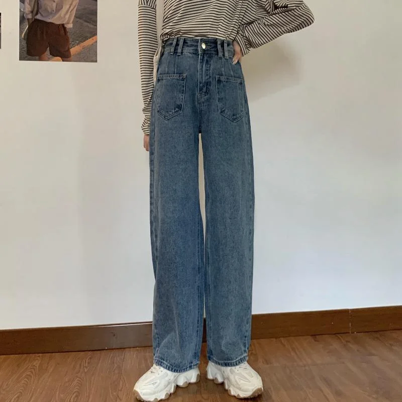 Jeans Women Retro High Waist Casual Wide Leg Pockets Students Preppy Style Womens Full-length Vintage Loose Daily Street Basic