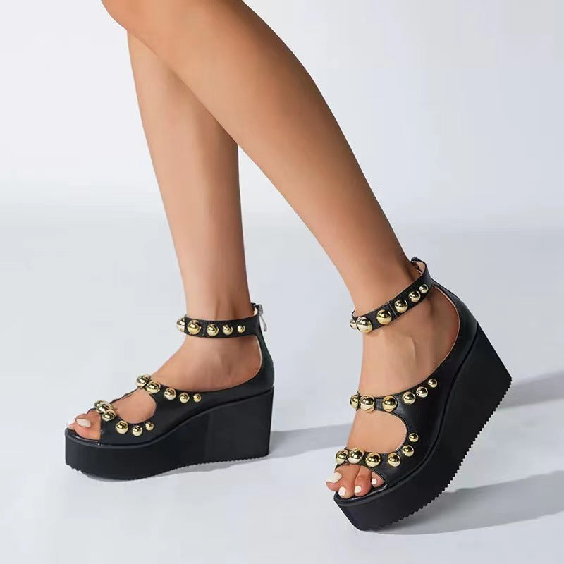 Spikes peep toe chunky platform wedge heels sandals fow women