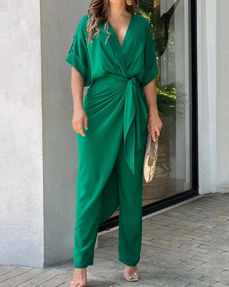 Casual V-neck Solid Color Two-piece Set