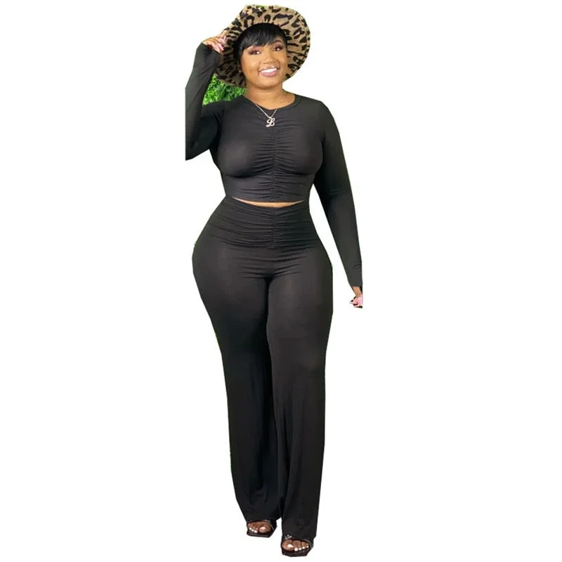 Plus Size 4xl 5xl Two Piece Set Women Tracksuits Stretch Draped Crop Top Baggy Flared Pants Home Clothes Wholesale Dropshipping