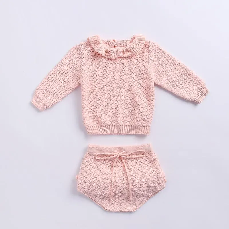 2019 Autumn Pink Knitted Suits Baby Kids Clothes Sets Sweater Girls Sets Ruffles Long Sleeve Sweater+PP Short 2Pcs Kids Suits