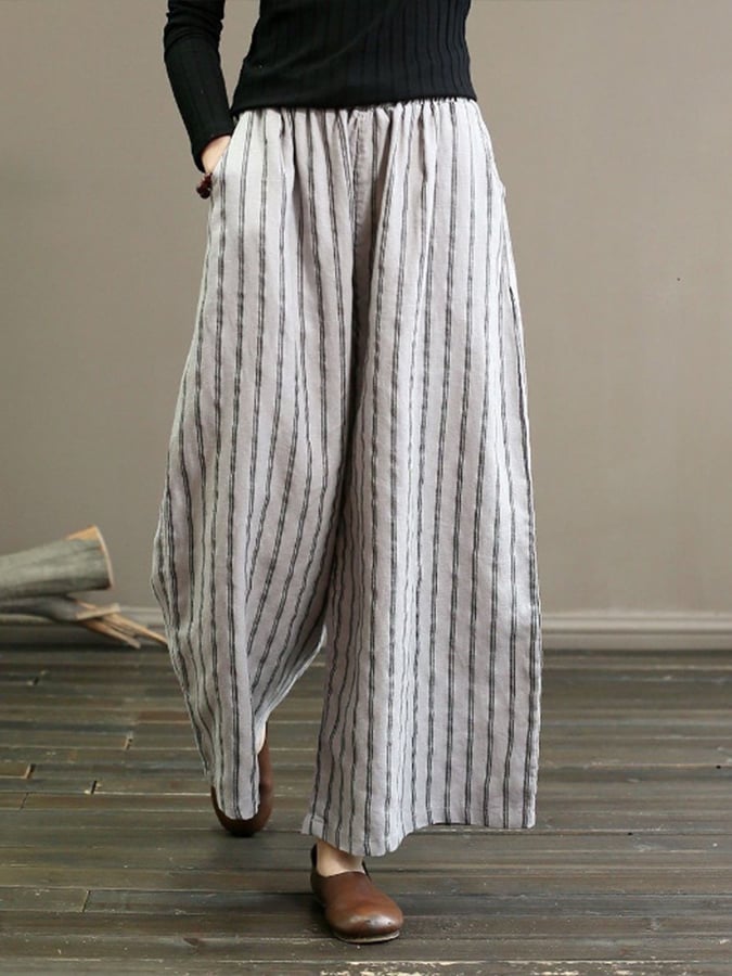 Women's Casual Retro Cotton Linen Striped Wide Leg Pants