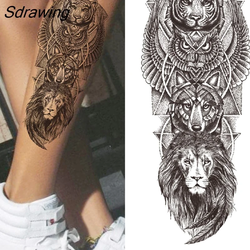 Sdrawing Wolf Temporary Tattoos For Men Women Adult Fake Lion Tattoo Sticker Tiger Black Tribal Body Art Drawings Tatoos Arm