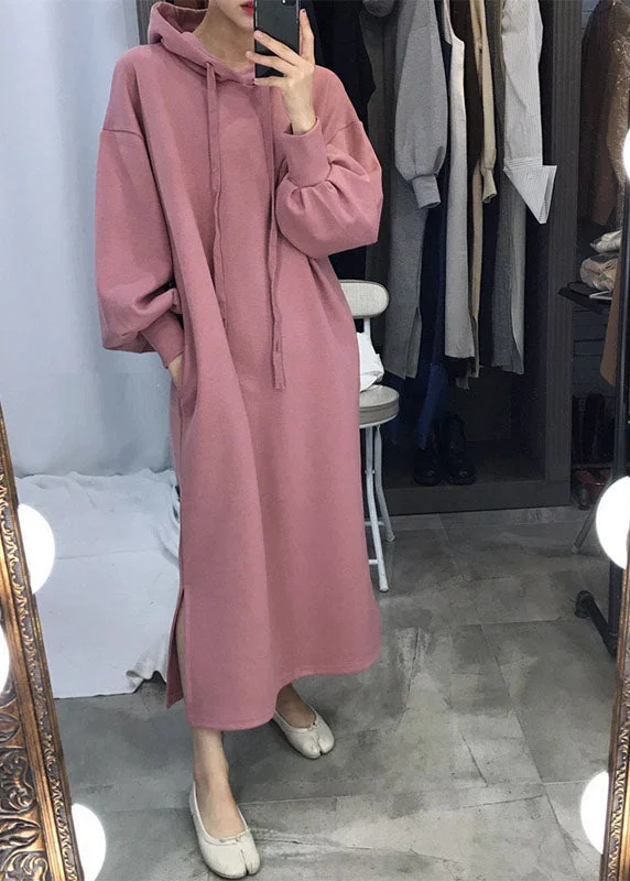 Unique Pink Hooded side open Warm Fleece Sweatshirts dress Winter