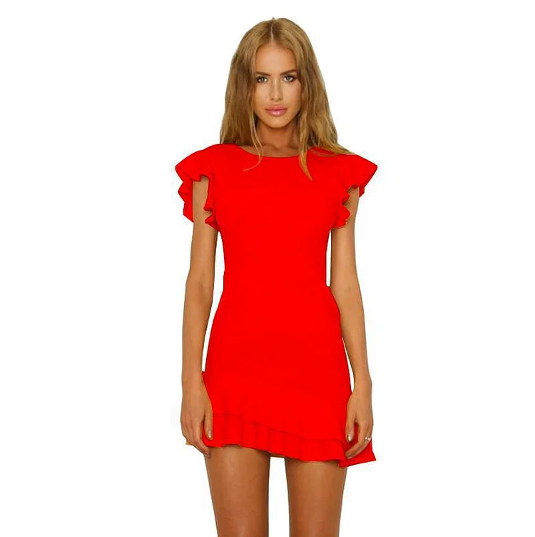 Women's V Back Inslace Layered Ruffle Hem Flutter Sleeve Dress