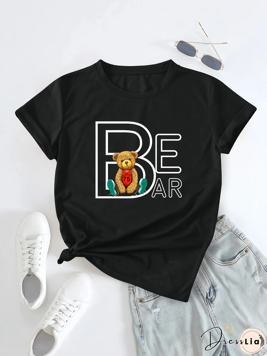 Retro Dress Bear Print Fashion Casual Crew Neck Short Sleeve T-shirt