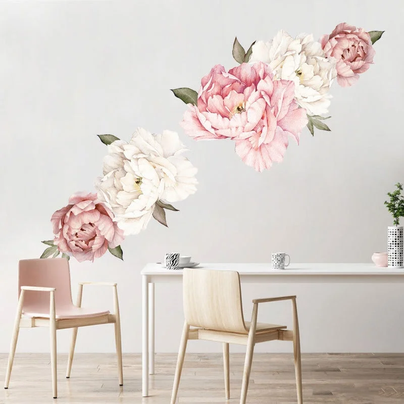 Watercolor Pink White Peony Rose Flowers Wall Stickers for Kids Room Living Room Bedroom Home Decoration Wall Decal Home Decor