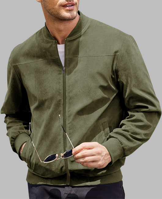 Casual Suede Stand Collar Zipper Pocket Bomber Jackets