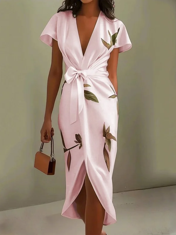 V-neck Printed Lace-up Midi Dress