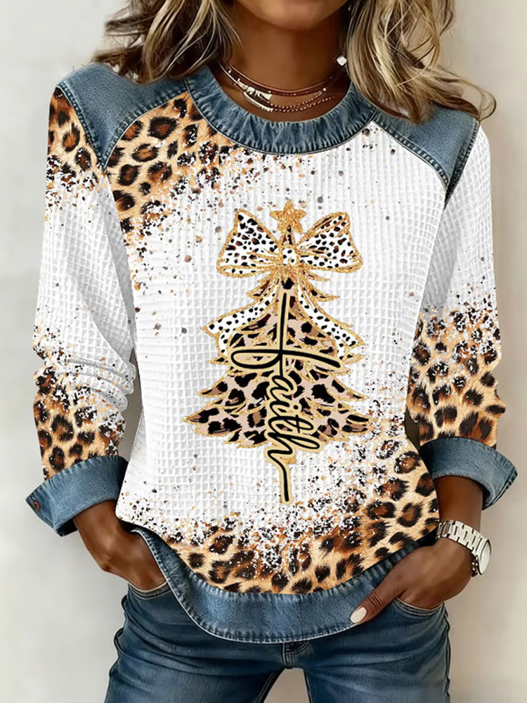 Women's Faith Christmas Print Patchwork Crew Neck Sweatshirt wearshes