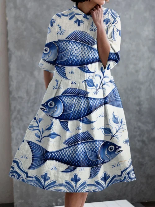 Vintage Holiday Fish Floral Print Casual Pocket Half Sleeve Dress
