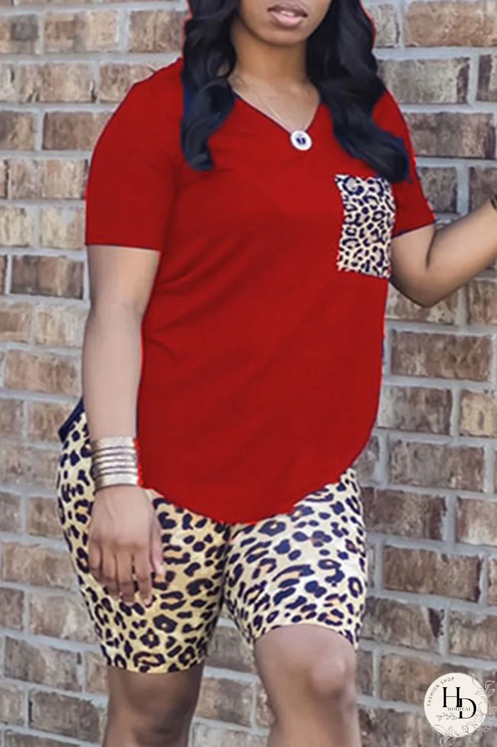 Red Fashion Casual Leopard Printing V Neck Short Sleeve Two Pieces