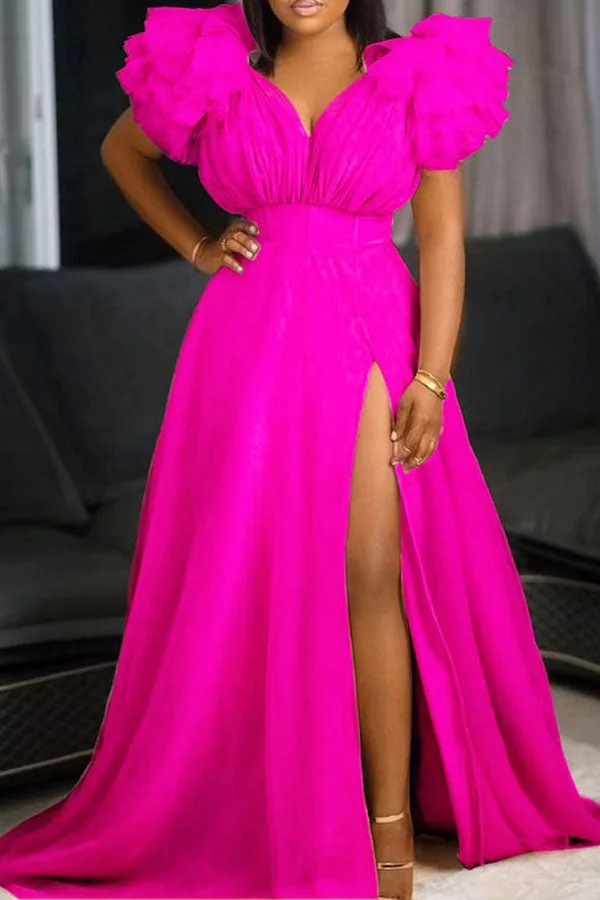 Solid Color Mesh Tiered Sleeve Feminine High Split Maxi Dress