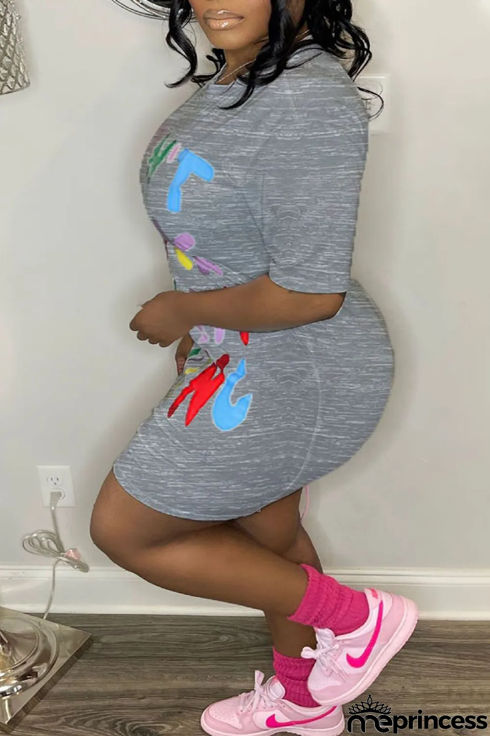 Grey Casual Print Patchwork O Neck Straight Plus Size Dresses