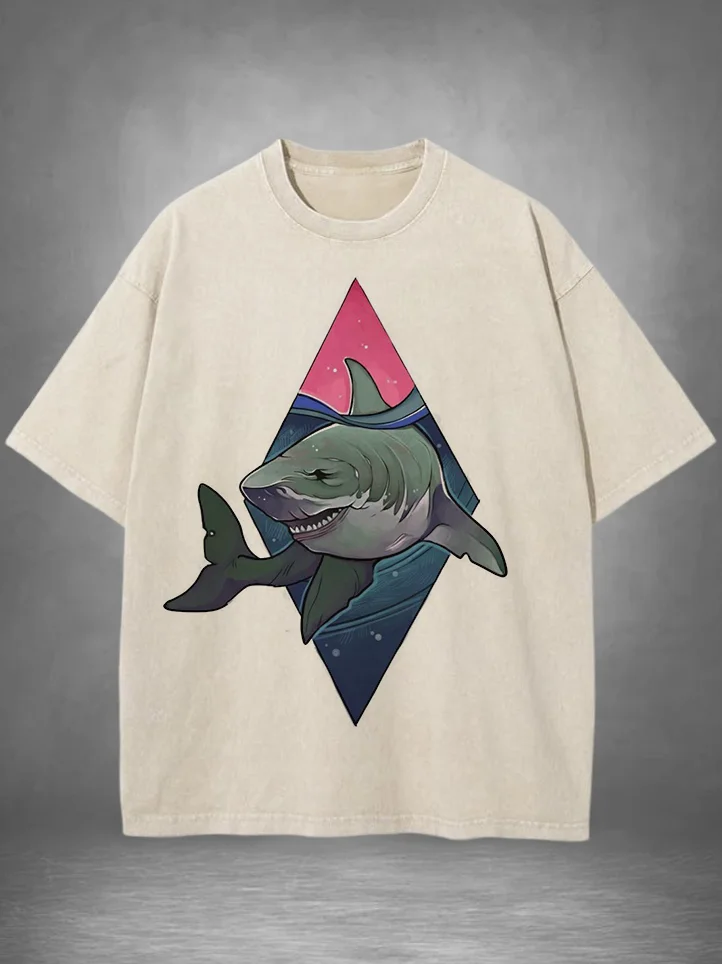 Men's Shark Art Print Cotton Washed T-Shirt