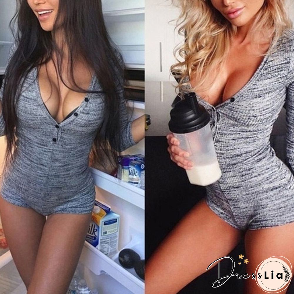 Ladies Fashion Grey V-Neck Jumpsuit High Stretch Jumpsuit Long Sleeve Shirts