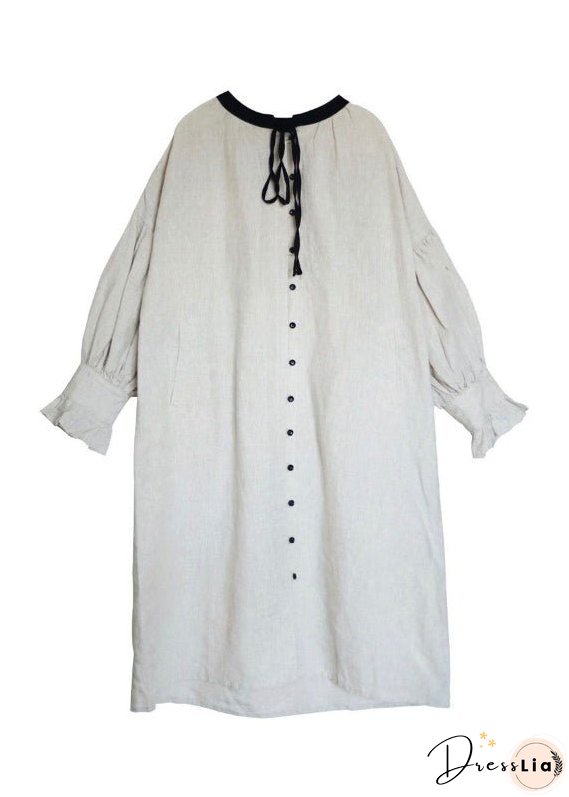 Organic Beige Lace Up Button Patchwork Linen Dress Lantern Sleeve